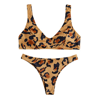 

V Neck Backless Padded Leopard Print Low Waist Two-piece Women Bikini Set