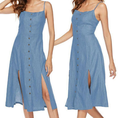 

Womens Denim Jeans Long Maxi Dress Summer Ladies Casual Party Club Beach Dress