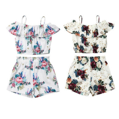

US Toddler Kids Girls Flower Outfits Summer Off Shoulder Tops Shorts 2PCS Set