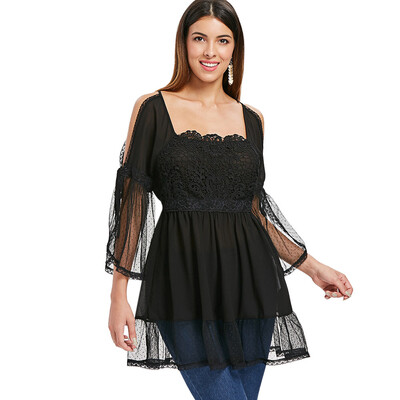 

Cold Shoulder Lace Applique Flounced Blouse
