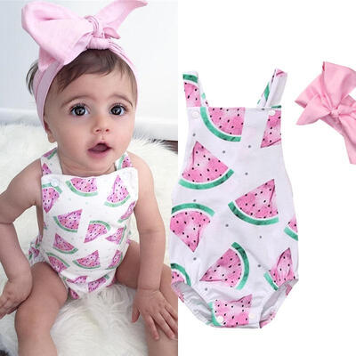 

Adorable Baby Girls Watermelon Romper Bodysuit Headband Summer Clothes Sunsuit