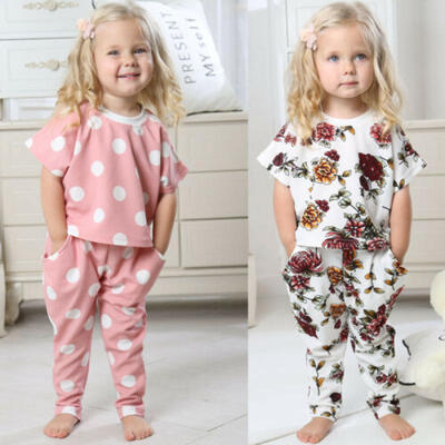 

2PCS Toddler Kids Baby Girl Summer Clothes FloralDot TopsLong Pants Outfits