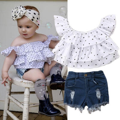 

Kids Baby Girls Clothes Off Shoulder T Shirt TopsShort Denim Pants Outfits Set