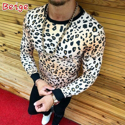 

Fashion Mens Slim Fit O Neck Long Sleeve Leopard Tee T-shirt Casual Tops Blouse