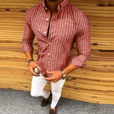 

Luxury Mens Slim Fit Shirt Long Sleeve Stylish Stripe Formal Casual T-shirt Tops