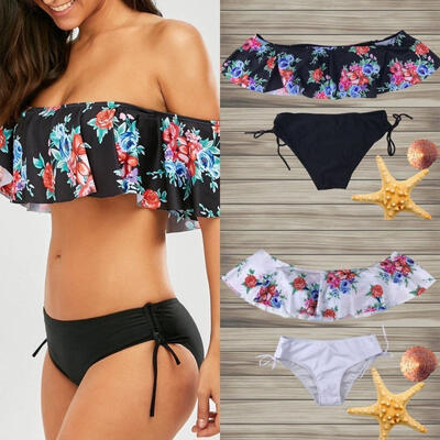 

Women Off Shoulder Ruffle Bikini Set Padded Bra Swimsuit Swimwear Bathing Suits WhiteBlack SMLXL
