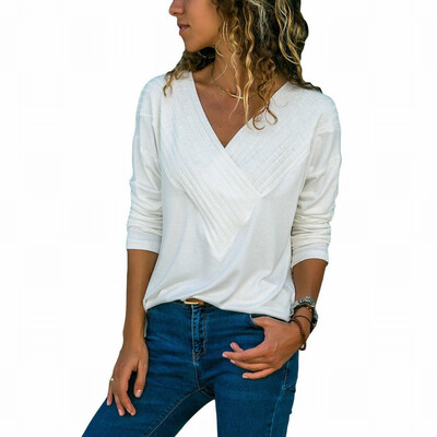 

Solid color V-neck long-sleeved slim T-shirt casual ladies shirt top