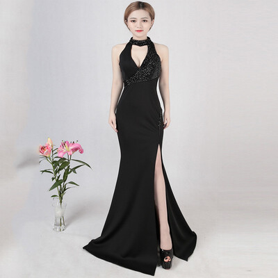 

New Sexy Halter Diamond Hollow Mermaid Dress Black Elegant Sleeveless Long Slim Party Dinner Evening Dress