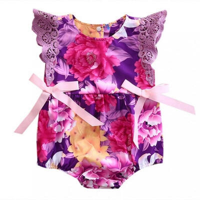 

Newborn Baby Girl Flower Lace Purple Romper bow-knot Jumpsuit Sunsuit Outfit Clothes