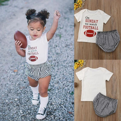 

Toddler Baby Girls Football Letter Outfits Clothes Summer T-shirt Stripe Shorts