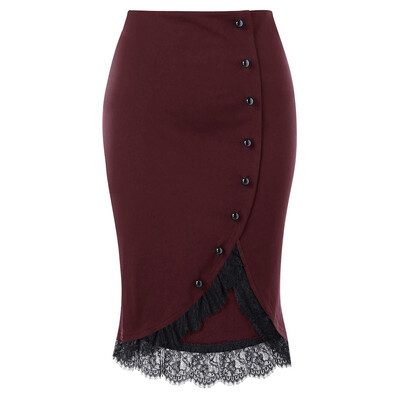 

Button Up Plus Size Lace Trim Midi Skirt