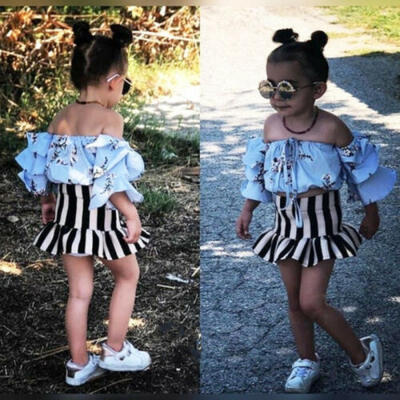 

Summer Kids Baby Girl Off Shoulder Floral Tops Stripe Dress 2PCS Outfits Sunsuit