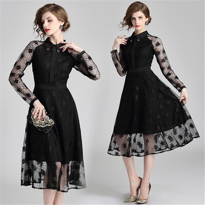 

2018 New Autumn Black Lace Dress Runway Slim Fashion Sexy Hollow Out Work Casual Dresses Women A-line Vintage Vestidos
