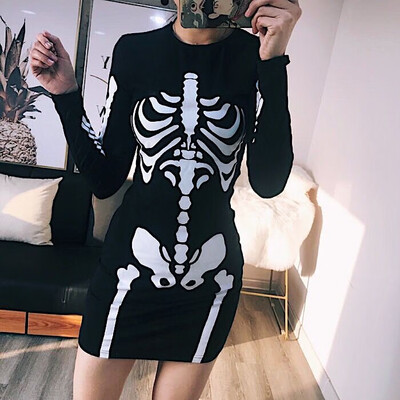 

Punk Skull Printing O-Neck Long Sleeve Women Dress Skeleton Dress Casual Clothes