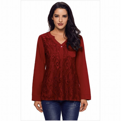 

V-neck button long sleeve lace casual blouse
