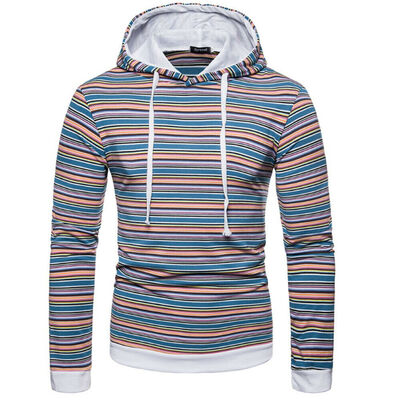 

Mens Long Sleeve Hoodie Hooded Pullover Sweatshirt Striped Tops Coat Sweater