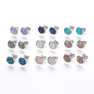 

304 Stainless Steel Stud Earrings with Resin Druzy Flat Round Mixed Color 14x10mm Pin 08mm