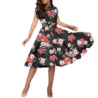 

Retro Flower Print Slim A-line Dress Women Belt Short Sleeve O-neck Dresses