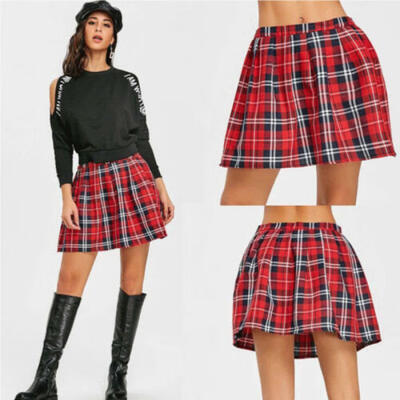 

Women Sweet Mini Skirt Plaid Skirts Casual High Waist Red Pleated Short Dress