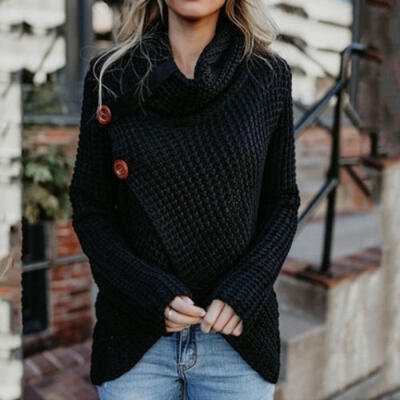 

Women Winter Long Sleeve Knitted Sweater Warm Button Tops Jumper Knitwear Casual Pullover