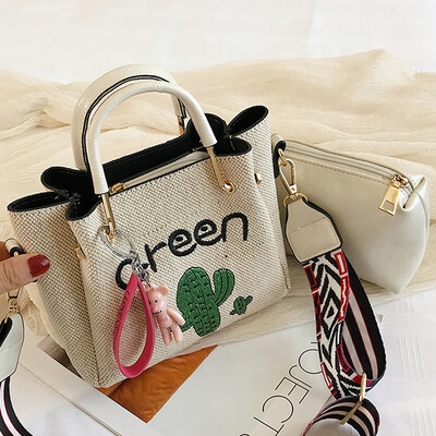 

Summer new small fresh wide shoulder strap contracted Mori Harajuku linen embroidered cactus mother-daughter bag