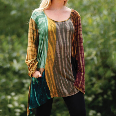 

Nomeni Women Long Sleeve Irregular Hem Round Color Gradient Long Sleeve Pocket T-shirt