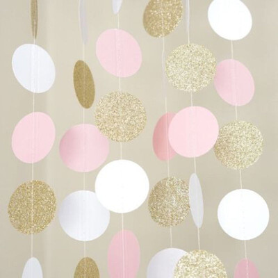

NEW 10FT Pink White Gold Glitter Circle Banner Polka Dots Paper Garland Bunting