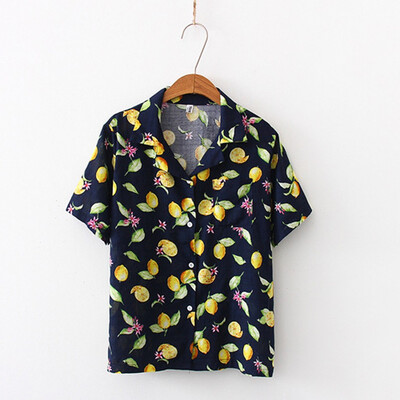 

Starmoon Fashion Women Top Lapel Lemon Printing Shirt Short Sleeve Loose Blouse