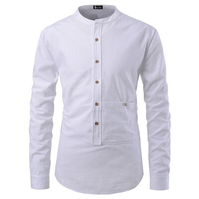 

Men\s Autumn Solid Color Pocket Decorative Stand Collar Long Sleeve Shirt