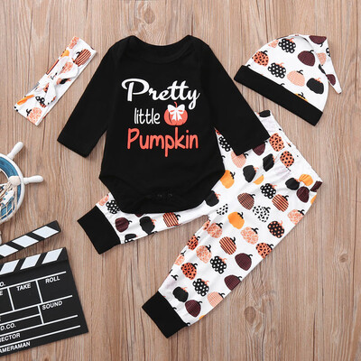 

Newborn Baby Letter Romper Tops Pumpkin Prin Pants Cap Halloween Clothes Sets