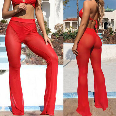

Women Full Length Wide Leg Trousers Lady Evening Party Mesh Sheer Pants 6-16