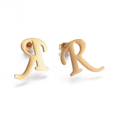 

304 Stainless Steel Stud Earrings Alphabet LetterR 14x14x1mm Pin 07mm