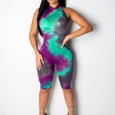 

Starmoon Fashion Women Halter Sleeveless Off Shoulder Tie-dye Print Backless Jumpsuits