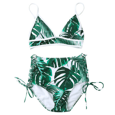 

High Waist Tropical Leaf Print Bikini Set