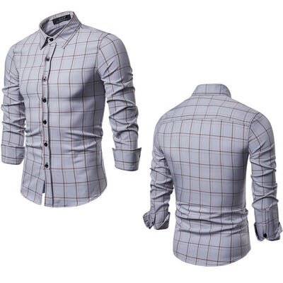 

New Men Long Sleeve Plaid Shirt Grid Fit Slim Stylish Casual Dress Shirts Tops