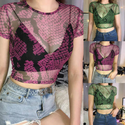 

USA Womens Sheer Mesh Fish Net Short Sleeve Bodycon See Crop Top T-Shirt Blouse