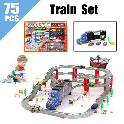 

75pcs Train Set Transport Car Carrier Semi Truck Toy with Electric Car&Car Model