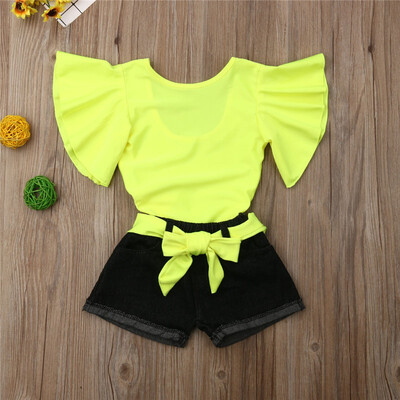

US Toddler Girls Kid Pagoda Sleeve Ruffle TopsJeans Summer Clothes Outfits Sets