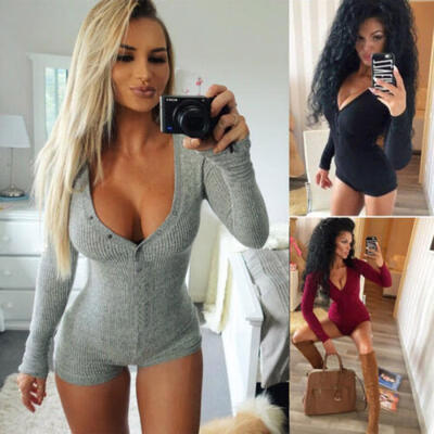 

Womens V Neck Knitted Bodysuit Long Sleeve Romper Lingerie Jumpsuit Leotard Top