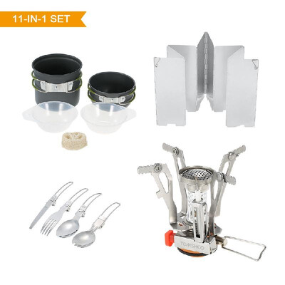 

TOMSHOO 11PCS Outdoor Camping Cookware Set Portable Hiking Backpacking Cooking Picnic Cooking Pot Pan Set Bowl Spoon Fork Spork Cu