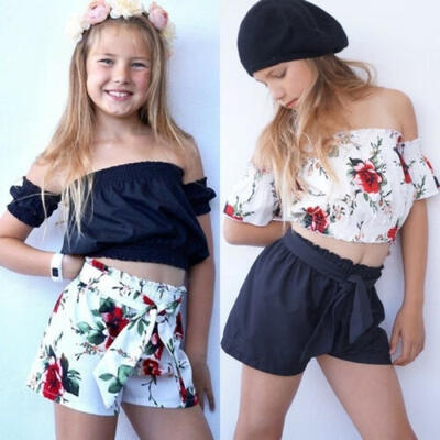 

Toddler Kids Baby Girl Flower Off Shoulder Crop Tops Shorts Outfits Sunsuit Clothes Set