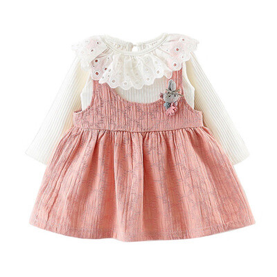 

Autumn Cute Baby Girl Tutu Dress Solid Cotton Long Sleeve Lace Shirts Blouse Strap Dresses Casual Sundress