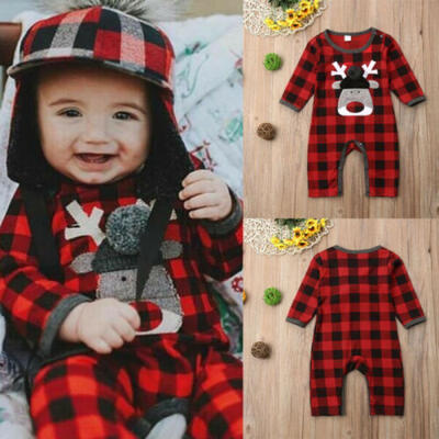 

Christmas Toddler Baby Boy Girl Long Sleeve Plaid Romper Deer Jumpsuit Outfits