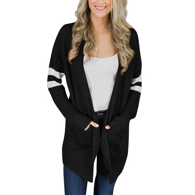 

Toponeto Women Striped Long Sleeve Knitted Sweater Pockets Long Cardigan Top Coat Outwear