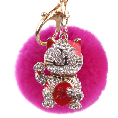 

New lucky cat hair ball key chain inlaid color diamond three-dimensional bag pendant car decoration