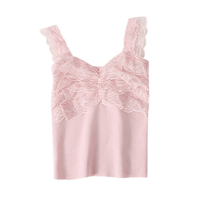 

Women Versatile Sleeveless Off Shoulder Slim Solid Color Sexy Lace Stitching Top