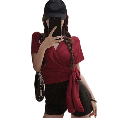 

Women Short Sleeve Sexy Backless Solid Top Fashion V-Neck Lace Up T Shirt