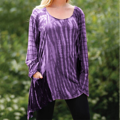 

Nomeni Women Long Sleeve Irregular Hem Round Color Gradient Long Sleeve Pocket T-shirt