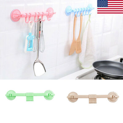 

US Kitchen Bathroom Storage Wall Mounted Tidy Rack Plastic Sucker Hanging 6 Hook