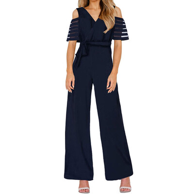 

Starmoon Womens Fashion High Waist With Cold Shoulders Solid Color Wide Leg Jumpsuit